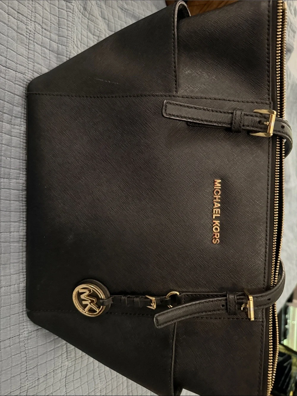 Michael Kors Black Leather Messenger Bag with Gold Hardware